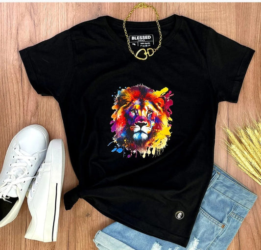 Camiseta Feminina Preta Leão Colorido