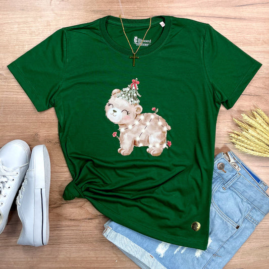 Camiseta Feminina Verde Urso Brilhante