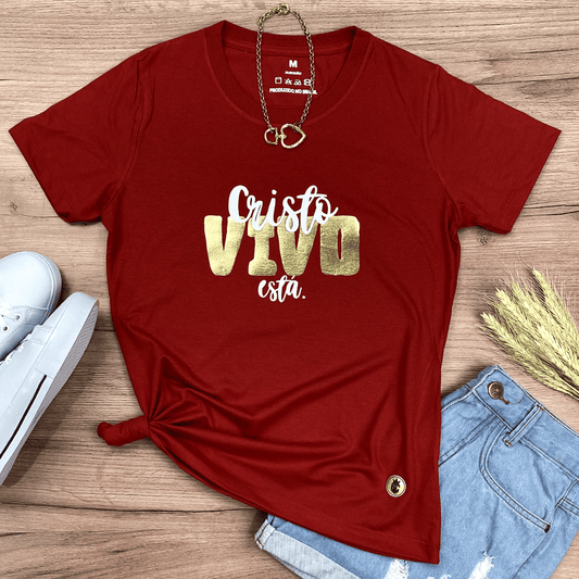 Camiseta Feminina Vermelha Cristo Vivo Está