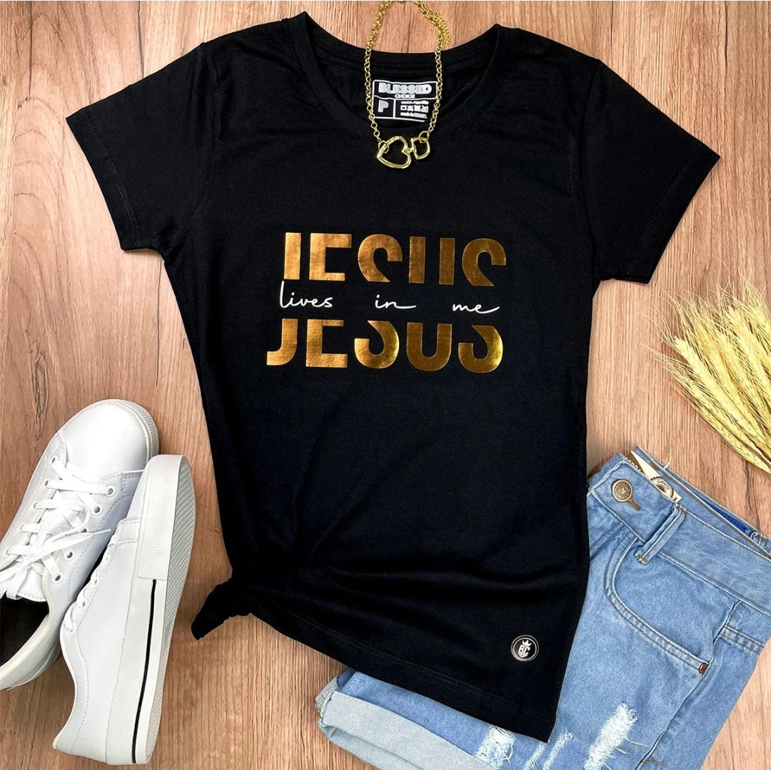 Camiseta Feminina Preta Jesus Lives In Me