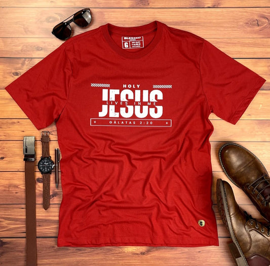 Camiseta Masculina Vermelha Holy Jesus Lives In Me