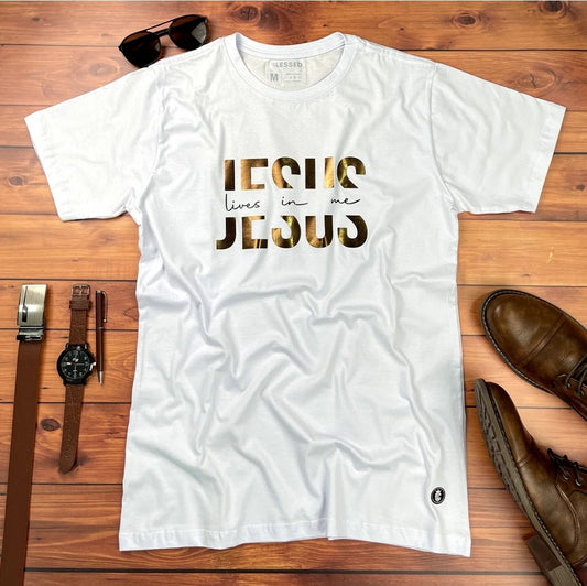 Camiseta Masculina Branca Off White Jesus Lives In Me